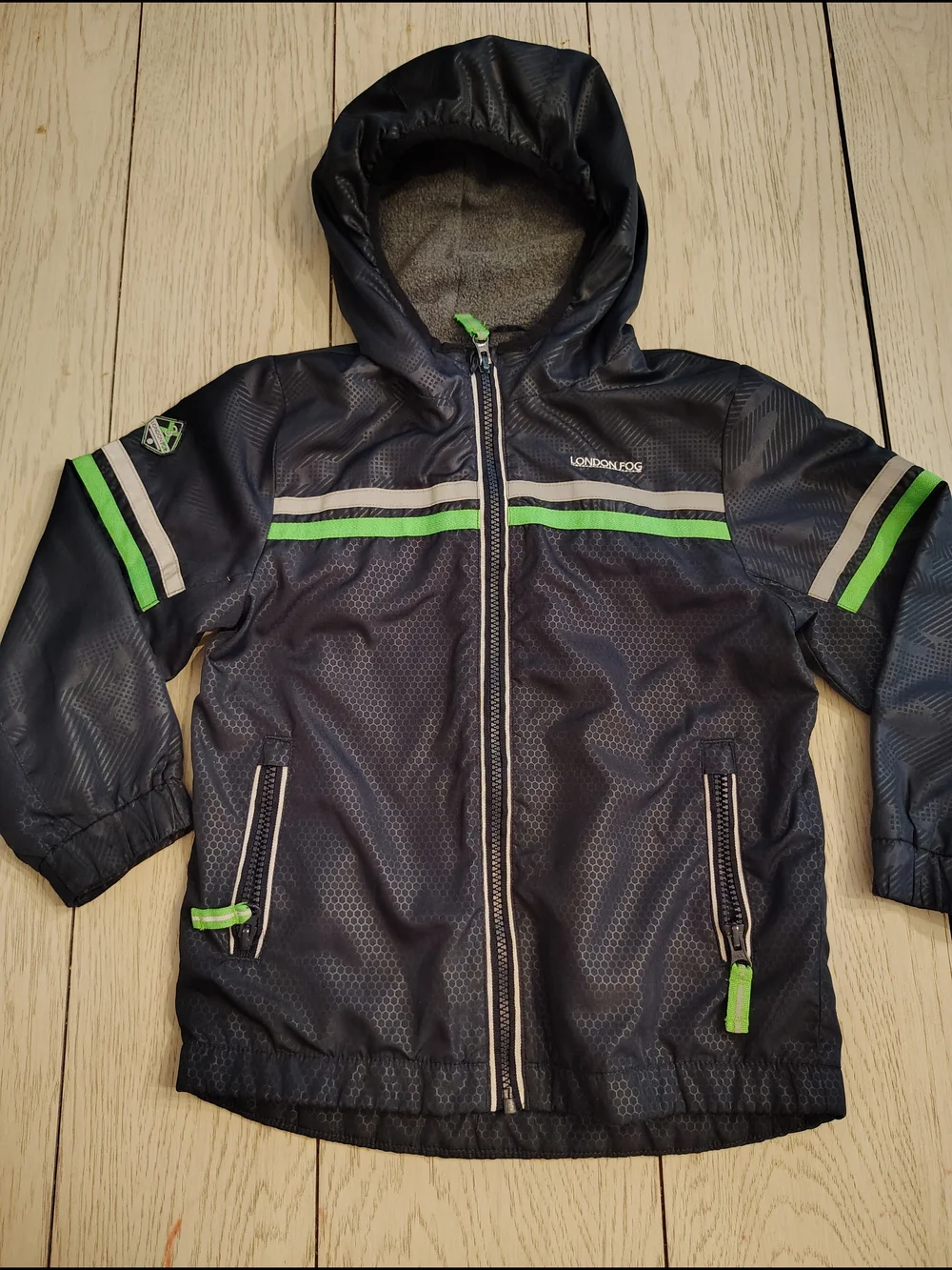 London Fog Navy Hooded Windbreaker with Lime Green‎ Accents